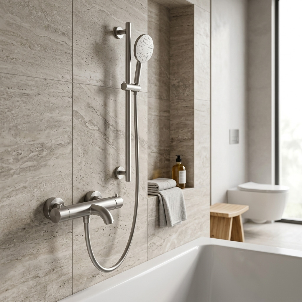 Aquanello Eterna Rubinetto termostatico da incasso per vasca in acciaio inossidabile con doccetta rotonda e asta scorrevole ET-B-SET1-4-02